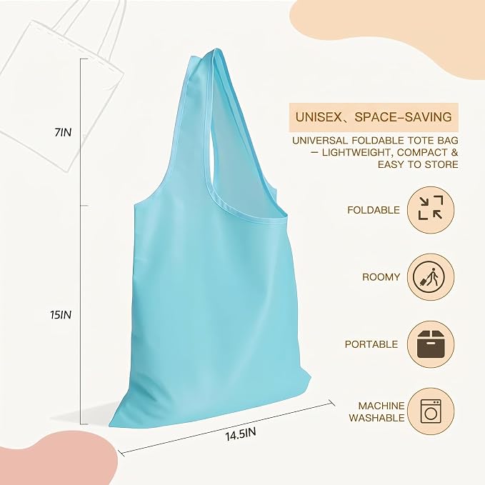 2 Pack Foldable Shopping Bag, Reusable Grocery Tote Bag, Sky Blue | Waterproof Nylon, 35 Pounds Weight Capacity, Pocket Size Carrier - Image 3