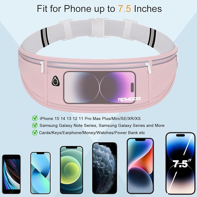 Running Belt Fanny Pack for Women, Water Resistant Waist Pack, Pink | Large Capacity, Waist Pack for iPhone Samsung Series, Lightweight Running Phone Holder, Slim Money Belt for Hiking Outdoor - Image 4