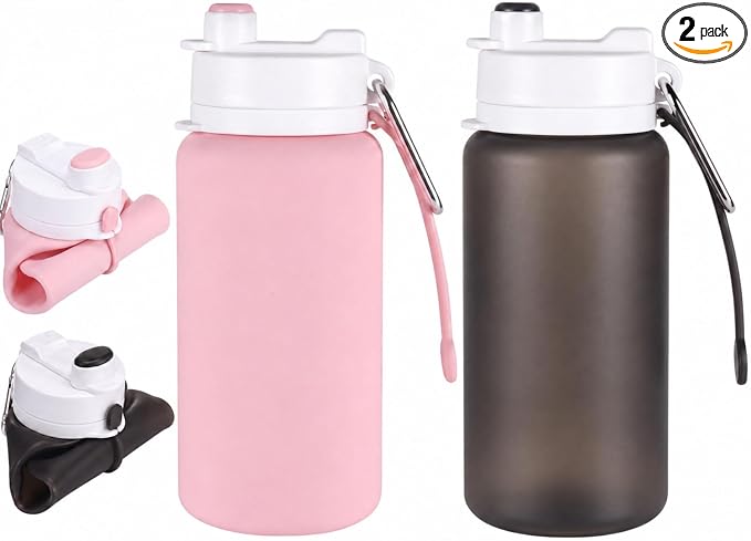 LemonRoad 2 Pcs 19 oz Silicone Collapsible Water Bottle, Pink Gray | Portable Foldable Water Bottle, Leakproof, Carabiner, Reusable, Lightweight, for Travel Sport Hiking Camping Cycling Office by Unknown