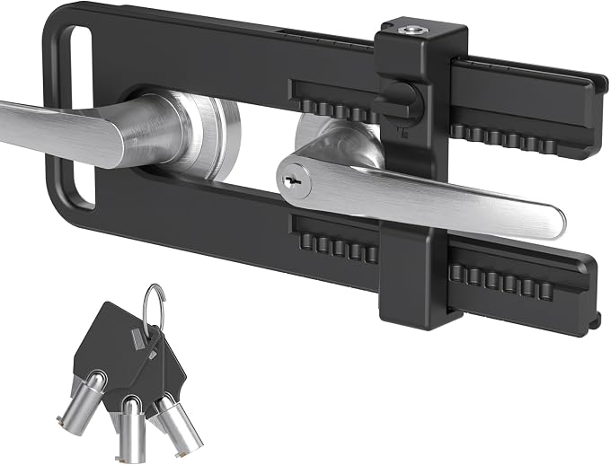 AST Childproof Double Door Security Lock, Adjustable Keyed French Door Lock | Lockout device for knobs and handles of double doors, prevent kick ins, Kids proof barricade, bigger adjustment, matte black by ASTLockHardware