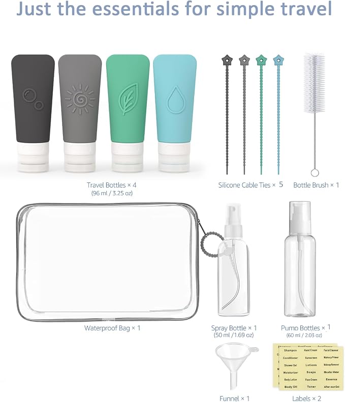 16-Piece Silicone Travel Bottles Set – TSA Approved Leakproof Toiletry Kit with Flat Easy-Squeeze Bottles, Pump & Spray, Waterproof Bag | 16-Piece Silicone Bottles Set,TSA Approved Leakproof,Easy-Squeeze Bottles,Come with Pump,Spray bottles and Waterpr... - Image 2