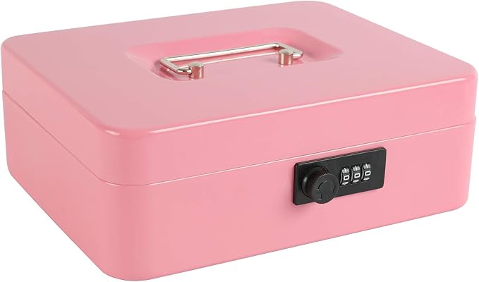 xydled Steel Cash Box Safe with Combination Lock,Money Safe Box with Removable Coin Tray,Large,9.84"x 7.87"x 3.54",Pink - Image 8