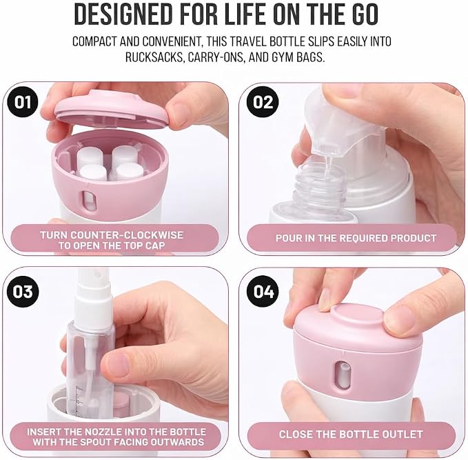 Travigo 4-in-1 Travel Dispenser Bottle, TSA Approved, Leak Proof, Four Reusable 1.4 oz. (40 mL) Toiletry Containers for Shampoo, Conditioner, Soap, Lotion, Skincare (Pink) - Image 4