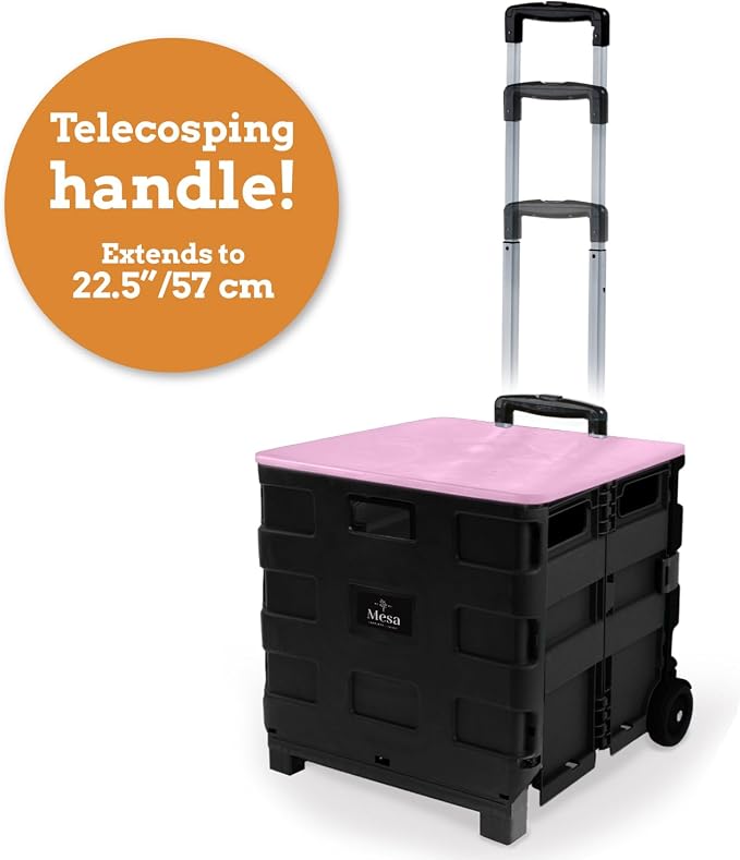 Inspired Living Collapsible Ultra-Slim Pack-N-Roll,2 Wheel Utility Cart w/Lid Used as Seat up to 250 Lbs, Telescopic Handle, Super Strong, for Home,Garden,Shopping,Office,School, Large, Pink & Black - Image 4