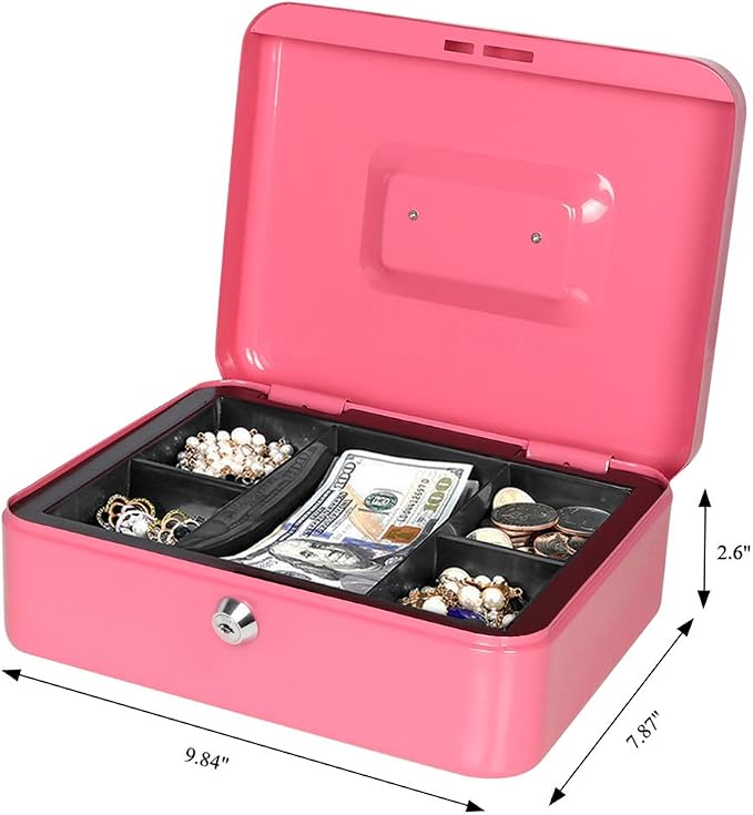 Jssmst Cash Box with Tray - Pink Money Box with Key Lock, Money Saving Box Lock Box, 9.84'' x 7.87'' x 2.6'', SM-CB00125PK - Image 2