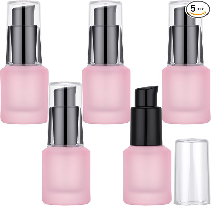 Segbeauty 0.5oz Frosted Glass Lotion Pump Bottles, 5pcs Refillable Empty Travel Size Bottles for Lotions, 15ml Pink Glass Small Travel Containers for Creams, Mini Hair Oil Bottle Pump Dispenser by Segbeauty