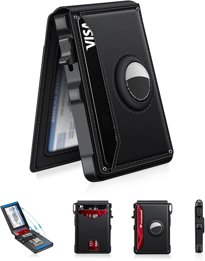 KIKVES Airtag Wallet for Men, Mens Smart Wallet for Air Tag RFID Blocking, Minimalist Bifold Pop Up Aluminum Credit Card Case Holder 12+ Cards with ID Window, Gift for Men, No Airtag Included, Black by KIKVES