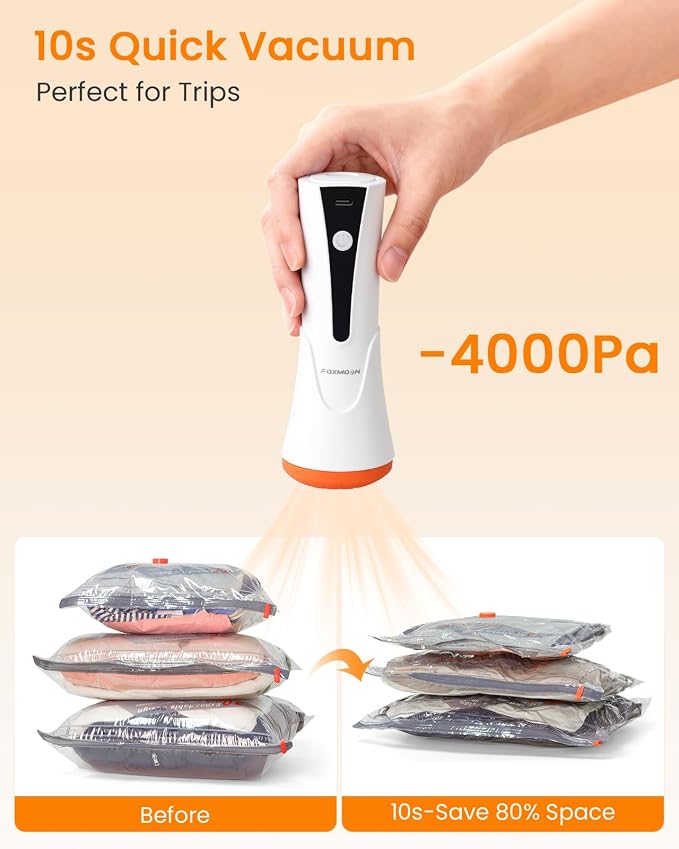Vacuum Seal Bags for Clothing Travel with Rechargeable Cordless Pump, 12 Pack Compression Space Saver Bags for Packing, Luggage and Seasonal Storage - Image 3