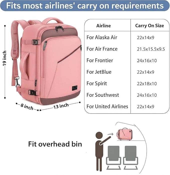 MATEIN Pink Grey Travel Backpack for Women, Flight Approved Carryon Daypack | Large Travelling Bag with Chest Strap for Womens, 40L, Cute Casual Daypack for Overnight, Outdoors, Business, Water Resistant - Image 2