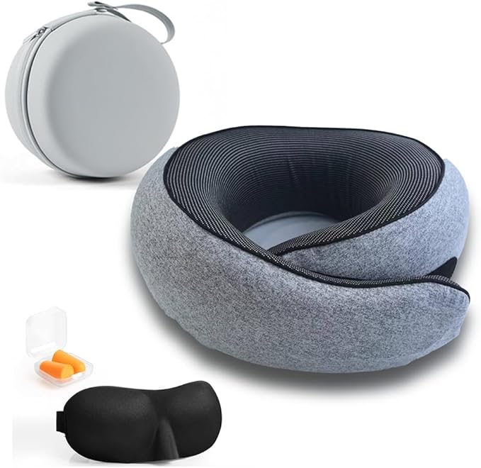 Travel Neck Pillow with Memory Foam & Chin Support – Includes Cute Macaron EVA Water-Resistant Carry Case, Eye Mask & Ear Plugs (Light Grey) by Unknown