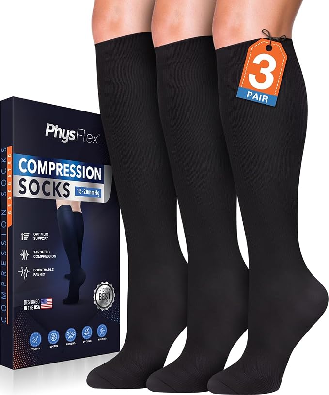 Compression Socks for Women and Men (3-Pairs) Best Support for Running, Flying, Pregnancy - Knee High Graduated Compression Stockings 15-20mmHg by PhysFlex