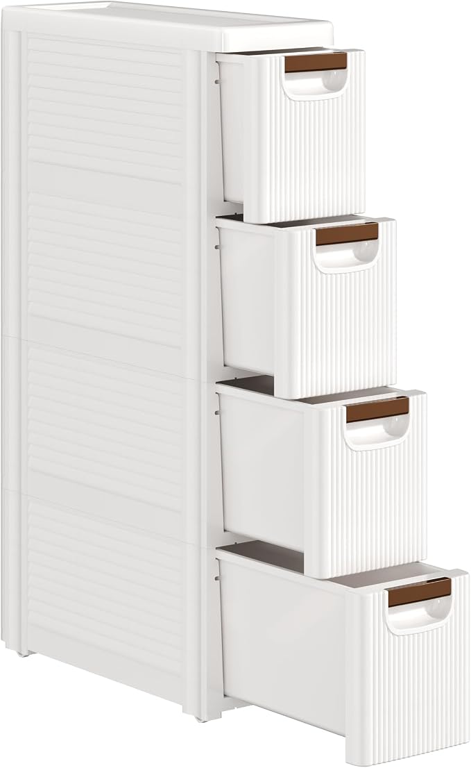 VECELO 4-Drawer Narrow Bathroom Storage Cabinet, Mobile Plastic Slim Rolling Organizer Cart with Built-in 4 Wheels for Living Room, Kitchen, Bathroom, Bedroom, Office, White(16.5" x 7.5" x 28.9") by VECELO