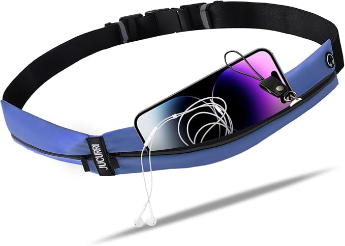 Slim Running Belt for Women and Men, Waterproof Phone Holder for Running, Reflective 2-Pocket Waist Pack for Storing Runner’s Essentials Safely, Runner’s Fanny Pack, Money Belt Fits Most Phones (Blue) by Unknown