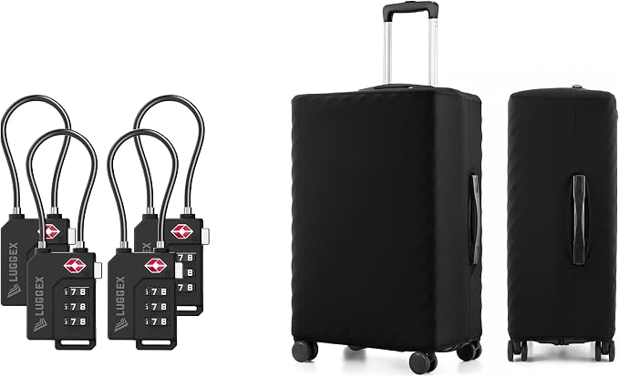 LUGGEX TSA Luggage Lock Bundle 4 Pack+Luggage Cover Protector for Suitcase 1 Pack, Travel Essentials Kit (Black) by LUGGEXLUGGAGE