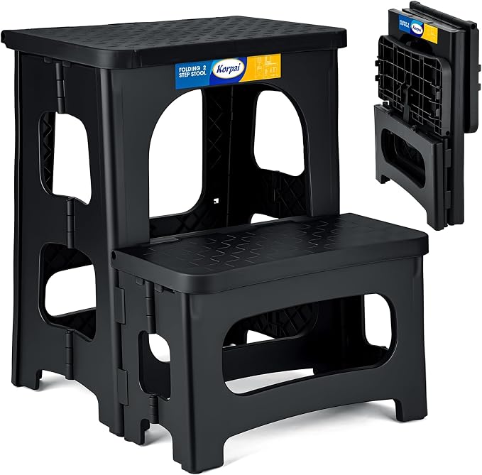 Korpai Folding 2 Step Stools,8" & 17" Dual Heights,Folding Step Hold up to 250 lbs,Step Stools for Adults and Kids,Step Stool for Dorm Bed,Kitchen Bedroom Office,Truck ect,Black by DoWhatYouWanttoDo