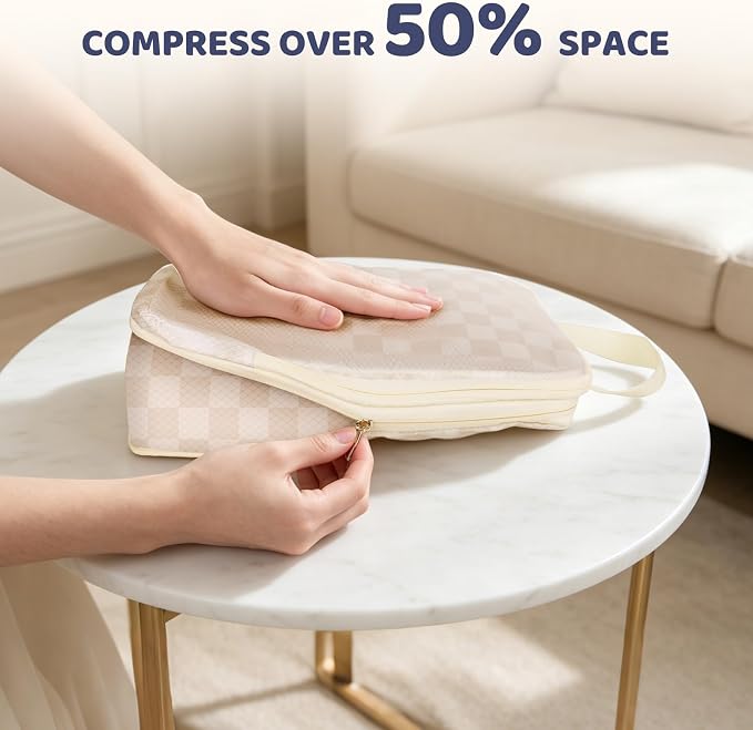 4 Set Expandable Compression Packing Cubes for 3–7 Day Travel, Solid & Plaid Fabric Travel Organizers, Double-Zipper Storage Bags for Carry-On & Suitcases(4set-Cream Beige) - Image 2