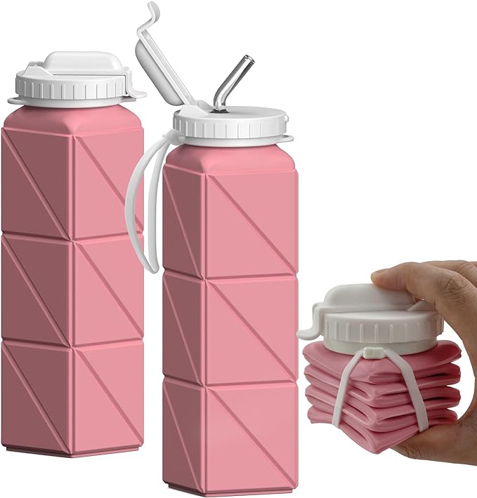 BEAUTAIL Collapsible Water Bottles with Straw 21 oz, Travel Water Bottle | BPA Free, Leakproof & Reusable, Silicone Foldable Water Bottle for Traveling, Hiking, School, Sports, Outdoor, 1-Pack, Pink by BEAUTAIL