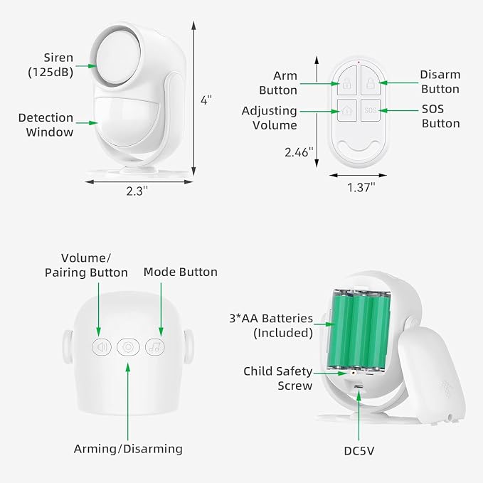 125dB Loud Motion Sensor Alarm with 328ft Dual Remote (40ft PIR Detector, 3*AA Batteries), Indoor Wireless Infrared Security Motion Detector with Siren for Homes/Sheds (White - 2 Remotes) - Image 6