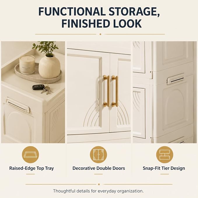 6-Tier Foldable Storage Cabinet with Doors and Locking Wheels | Tall white PP cabinet, 30 lb per tier; magnetic double doors, raised top tray, snap-fit tiers, and 360° locking wheels - Image 7