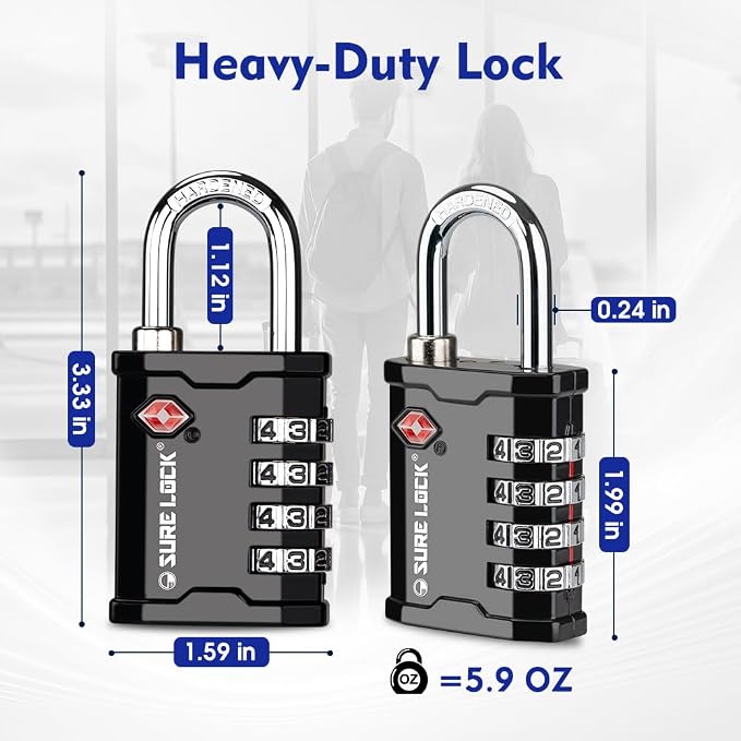 SURE LOCK TSA Accepted 4 Dig Heavy Duty Big Combination Luggage Padlock All Metal Travel Lock for Equipment Hard Case Luggage Gun Case Gym Locker Pelican Vault Lock(2, Black) - Image 5