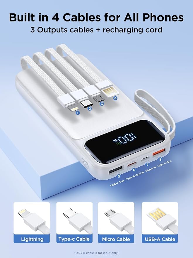 Power Bank, Portable Charger with Built in Cable 22.5W Fast Charging Battery Pack 10000mAh Slim 6 Outputs 3 Inputs LED Display Phone Charger for iPhone Samsung Pixel Moto iPad Travel Essential Gift - Image 2