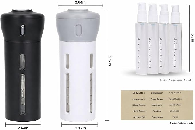 Travigo 4-in-1 Travel Dispenser Bottle Set, TSA Approved, Leak Proof, Reusable 1.4 oz. (40 mL) Toiletry Containers for Shampoo, Conditioner, Soap, Lotion, Skincare (2 Pack, Black & Gray) - Image 6