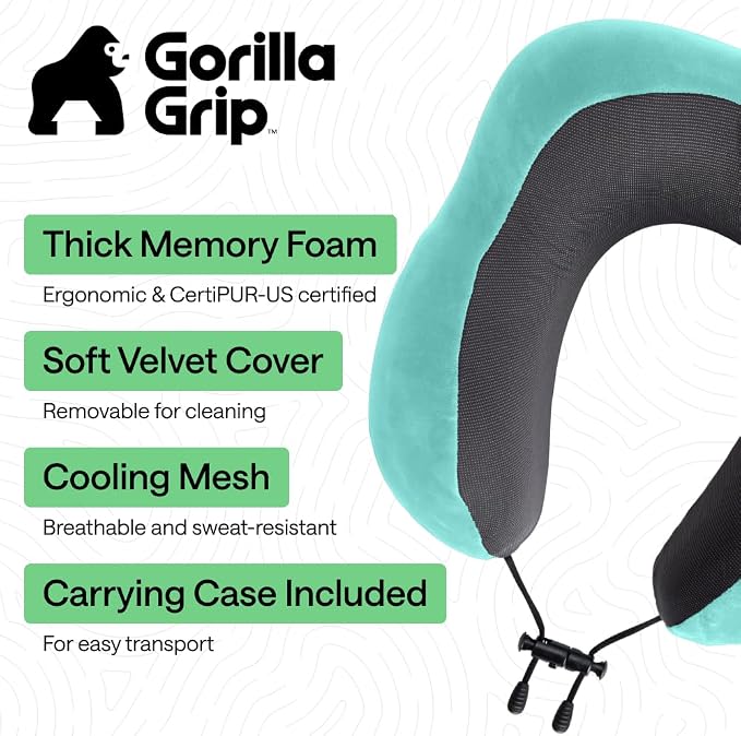 GORILLA GRIP Adjustable Travel Neck Pillow for Airplanes, CertiPUR-US® Memory Foam, Soft Velvet, Cooling Mesh Pillows, Support Headrest for Sleeping, Traveling Essentials, Flight Accessories Turquoise - Image 2