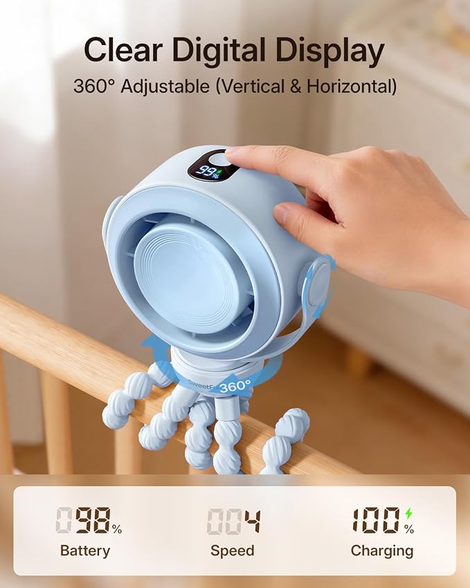 SWEETFULL Portable Stroller Fan, Pinch-Proof Baby Fan - Blue | Wide Turbine Airflow; Safe Design; LED Display; 5-Speed; 30dB Quiet; USB-C Rechargeable; Mini Clip On Fan for Car Seat & Bed - Image 5