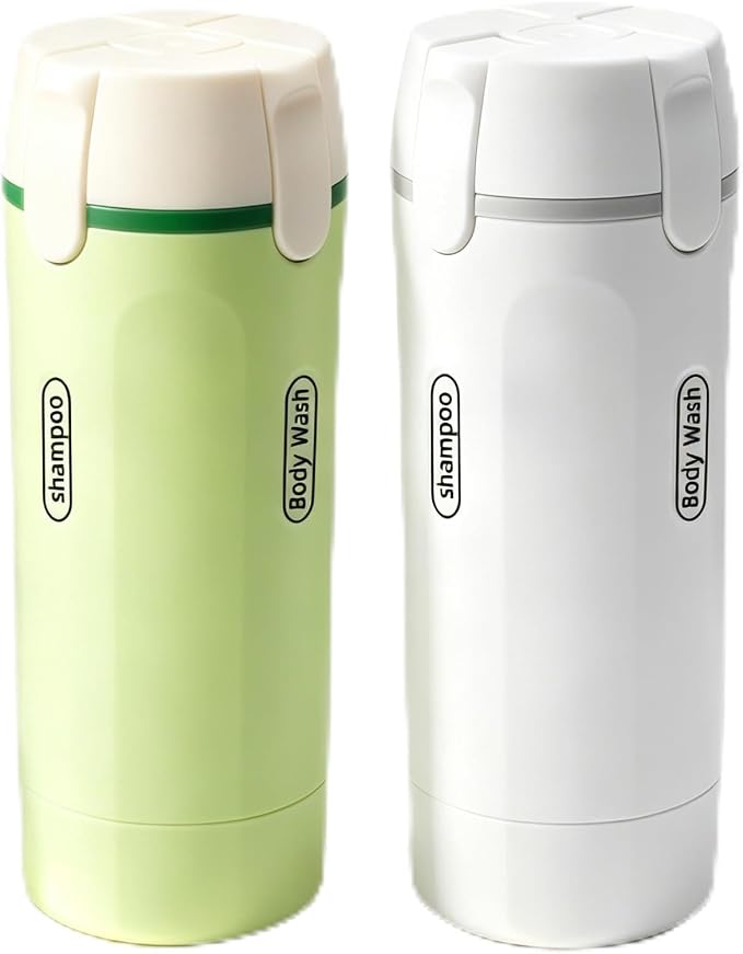 2 Pack 4 in 1 Travel Dispenser Bottles, Leakproof Rotatable Pump Refillable Containers with Labels, Portable Toiletry Bottles for Shampoo, Conditioner, Body Wash, Lotion, Cosmetics, Travel Camping by TiSOFU