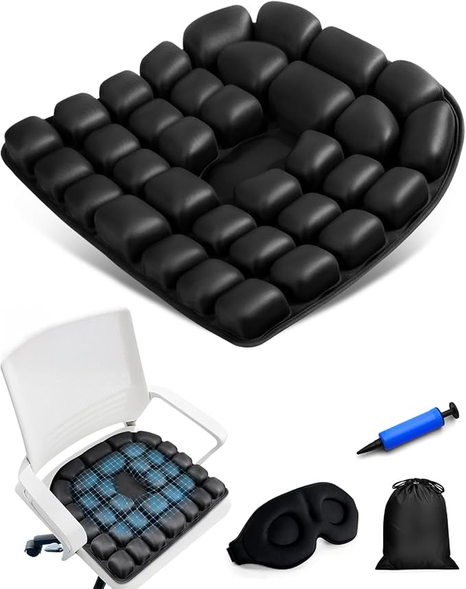 Inflatable Seat Cushion for Travel, 2" Thick Airplane Seat Cushion for Long Flights with Hand Pump & Included Eye Mask, Portable Air Chair Pad for Office, Car, Stadium & Wheelchair, 18.7"x17" by Unknown