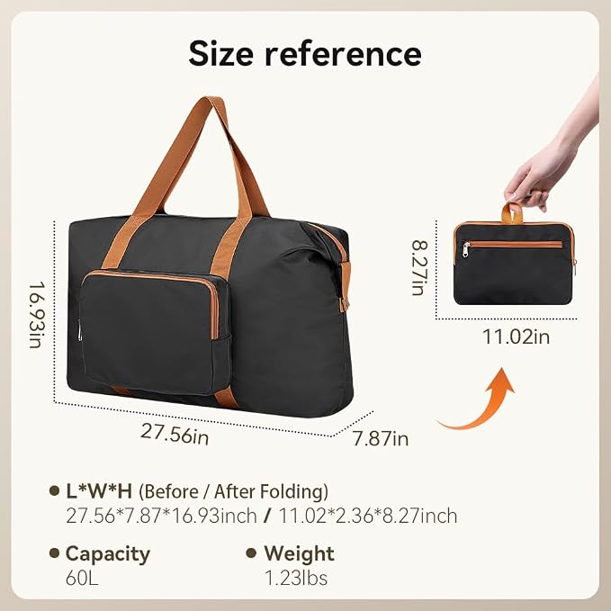 Travel Duffel Bag 60L Large Tote Carry On Foldable, Black-Brown | Carry On Duffel Bag for Women Men, Foldable Bags for Travel, Hospital Bag for Labor and Delivery, Weekender Overnight Bag - Image 7