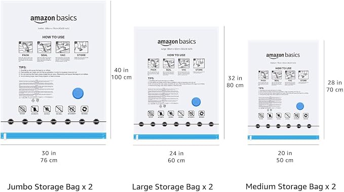 Amazon Basics Vacuum Storage Bags for Clothing, Multiple Sizes Compression Zipper Bags with Hand Pump for Space Saving and Travel, 6-Pack (2 Medium, 2 Large, 2 Jumbo), Transparent - Image 6