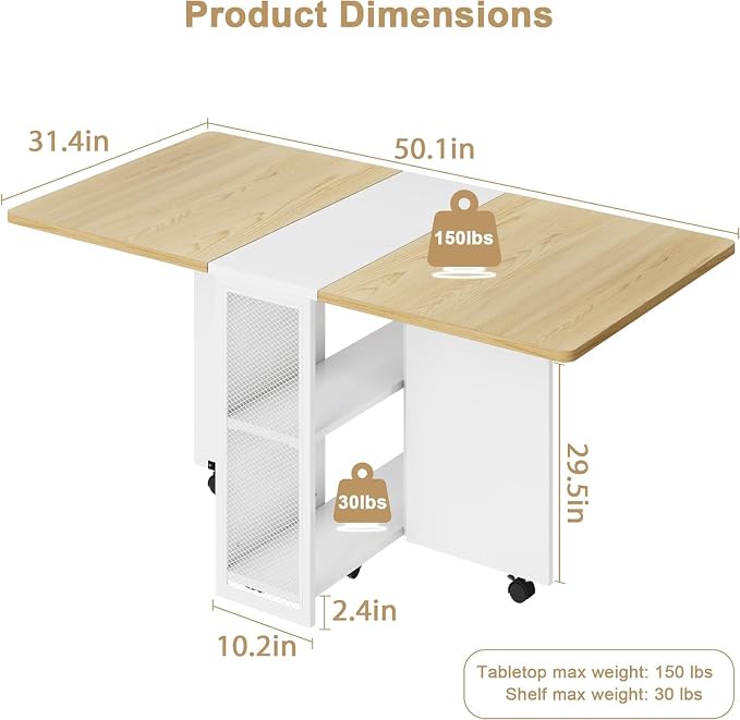 IDEALHOUSE FoldingTable, Drop Leaf Dining Table with 6 Wheels and 2-Layer Storage Shelf, Space Saving Table for Small Spaces (Natural Wood, 50.1" D x 31.4" W x 29.5" H) - Image 2