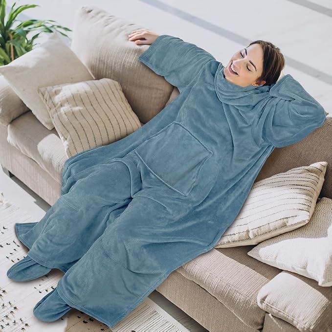 PAVILIA Fleece Blanket with Sleeves, Foot Pockets for Women Men Adults, Plush Wearable Blanket Throw Wrap, Warm Snuggle Blanket Robe, Cozy Gift Ideas Wife Mom, Dusty Blue - Image 3