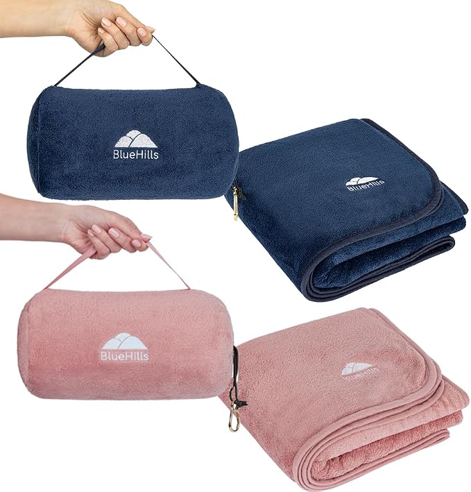 BlueHills Rolled Travel Blanket Pillows for Two Value Pack Set of 2 – Airplane Travel Essentials Soft Flight Trips Throws in Portable Cases for Car Plane Travel Gifts – Navy Blue and Pink by BlueHills