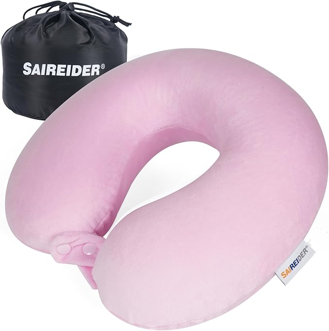 SAIREIDER Travel Neck Pillow 100% Pure Memory Foam Airplane Pillow for Head Support,Soft Adjustable Pillow for Plane, Car & Home Recliner with Storage Bag (Pink) by SAIREIDER