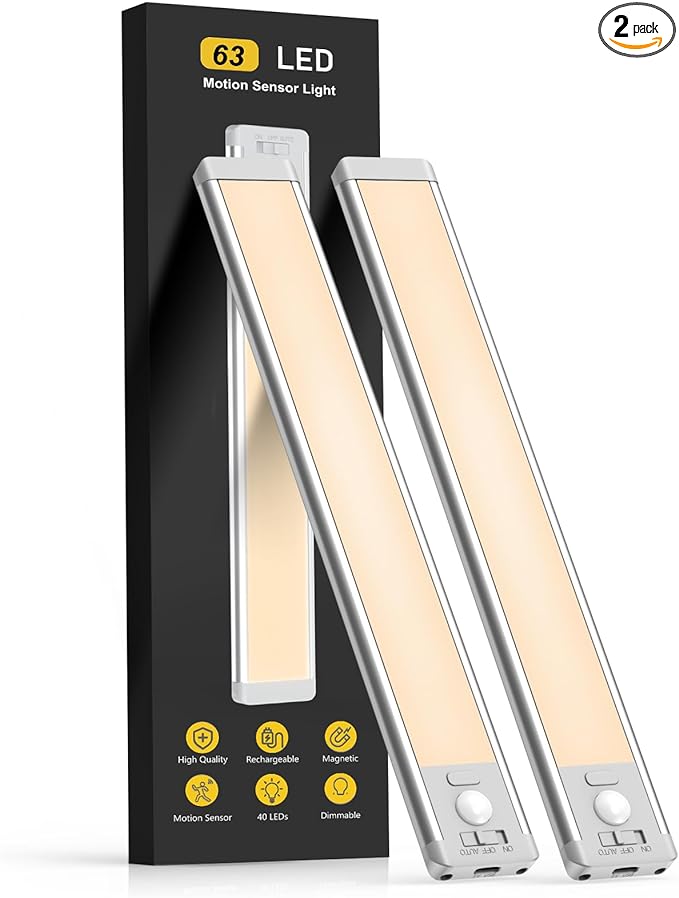 MCGOR 14.7inch Under Cabinet Lighting, 2 Pack Rechargeable Motion Sensor Light Indoor, 5 Levels Dimmable Magnetic Closet Lights, Wireless Under Counter Lights for Kitchen, Stairs,Hallway by MCGOR