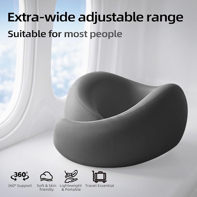 Travel Pillow - Memory Foam Neck Pillow Airplane, Neck Travel Airplane Pillow for Long Flight, Portable Travel Essentials, 360º Ergonomic Support, Machine Washable (Black) - Image 7