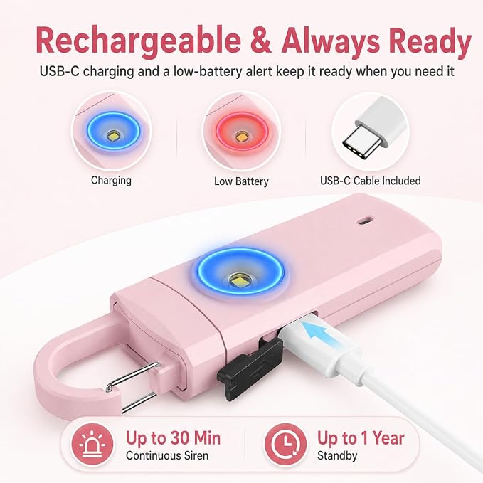 Rechargeable Personal Alarm for Women - Travel College Dorm Essentials | 130dB Keychain Alarm with Flashlight, Safety Gifts for Teen Girl, Daughter, Student, Birthday Gift Stocking Stuffers, Pink - Image 3