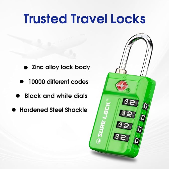 SURE LOCK TSA Approved 4-Digit Resettable Combination Luggage Lock with Open Alert, Easy-Read Dials - for Luggage, School Lockers, Gym, Office, Toolbox & Security Cases(Green 1 Pack) - Image 3