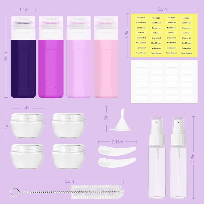 Redfly 17 Pack Travel Bottles for Toiletries, Tsa Approved 3oz Travel Size Containers, Leak Proof Travel Size Toiletries Bottles Silicone, BPA Free Refillable Shampoo Conditioners Kit, Purple - Image 2