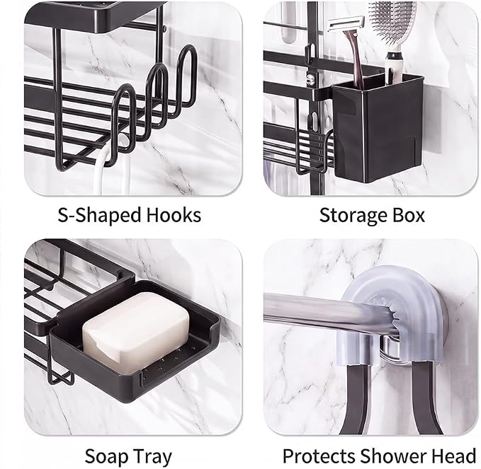 Shower Caddy Hanging Overhead, Adjustable Organizer, Black | Rustproof Bathroom Shelf Fits Handheld & Fixed Shower Heads, 12 Hooks, Soap & Toothbrush Holder, No-Drill Installation - Image 4