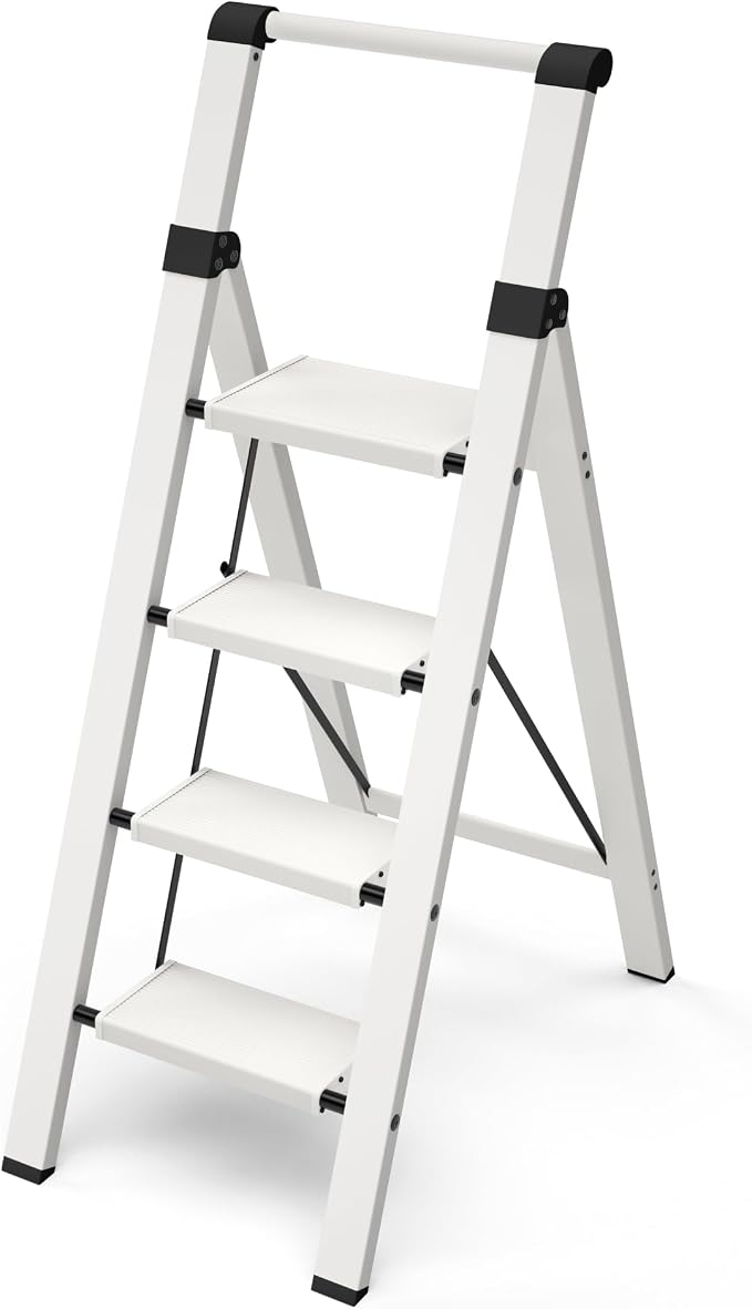 Taranta 4 Step Ladder,Lightweight Aluminum Step Stool Foldable -White | Lightweight Folding Ladder with Handgrip,Wide Top Pedal,330lbs Capacity Stepladder for Home,Office,Kitchen by TARANTA