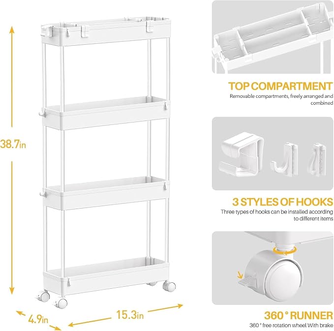 2-piece Set Slim Storage Cart 3 Tier,Bathroom Organizer Rolling Utility,Mobile Shelving Unit Slide Out for Office, Kitchen, Laundry Room & Narrow Places - Image 2