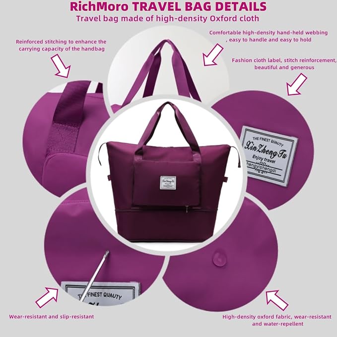 Large Capacity Foldable Travel Bag, Expandable lightweight Carry on Bag, Dry with Wet Separation Spor Duffel Bags (Fuchsia) - Image 5