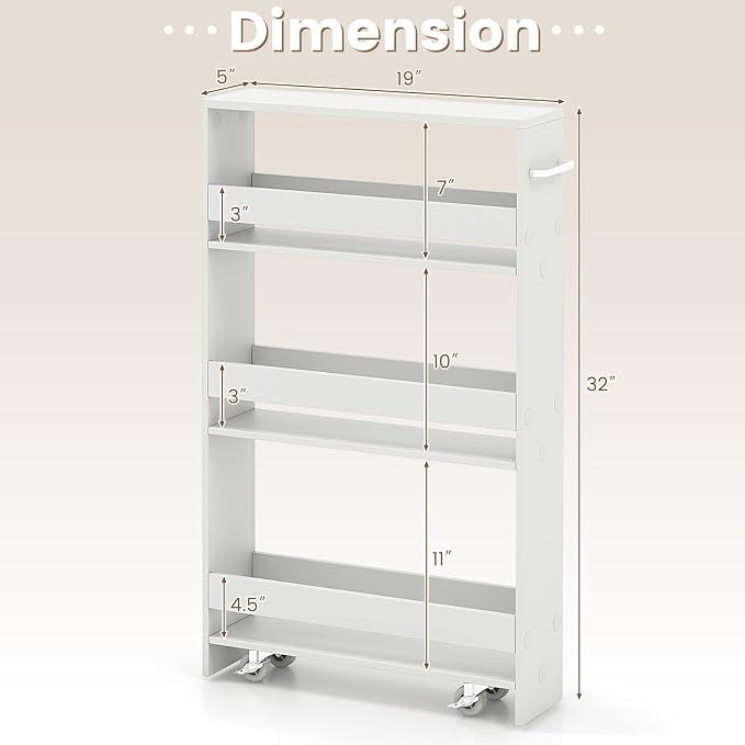 COSTWAY Slim Rolling Storage Cart, 4-Tier Rolling Utility Cart, Wood Kitchen Storage Cart with Handle & Wheels, Narrow Rolling Shelving Unit for Kitchen Bathroom Laundry Small Places (Plain White) - Image 7