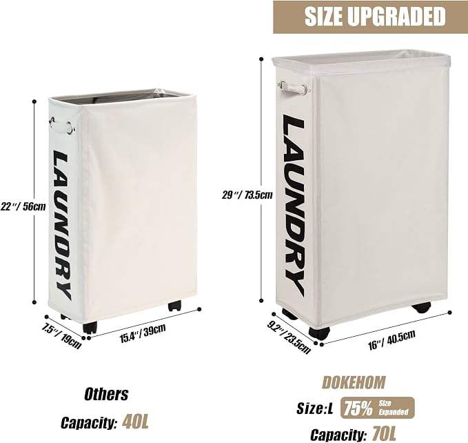 DOKEHOM 29" Enlarged Slim Rolling Laundry Basket Hamper on Wheels, Beige | Collapsible tall laundry hamper with removable mesh wash bag. Foldable narrow corner clothes storage bin for small spaces - Image 3