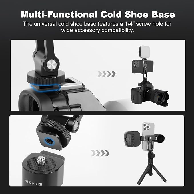 Metal Phone Tripod Mount with Cold Shoes & 1/4" Thread, 180° Tilt & 360° Rotation Tripod Phone Holder Stand for iPhone 16 Pro Max/Samsung Galaxy/All Phones/Camera/Cage/Selfie Stick (69001) - Image 4