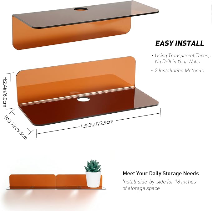 OAPRIRE Acrylic Floating Wall Shelves Brown, No Drill, 9 Inch 2 Pack | Strong Tape Adhesive Wall Shelf, Easy Installation, Hole Design with Cable Clips, Small Spaces Bedroom Bathroom Living Room - Image 2