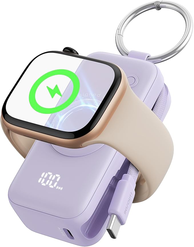INIU SnapGo Portable Charger, 5000mAh Mini Power Bank for Apple Watch, Purple | 20W Fast Charging, Travel Keychain, Built-in USB-C Cable, Flight-Safe, Battery Pack for Apple Watch, iPhone 17 etc, Purple by INIU